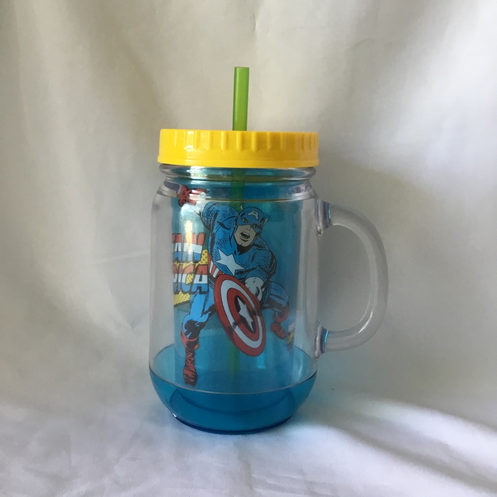 Cup and straw. Plastic. Canning jar style. Captain America
